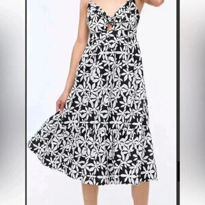 J Crew Tie Front Cutout Midi Dress Sz 6 Black & White Floral Sleeveless Sundress